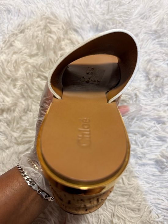 Chloe Camille Wedge Slide Sandals white Tan Gold Cork Platform - Picture 7 of 16